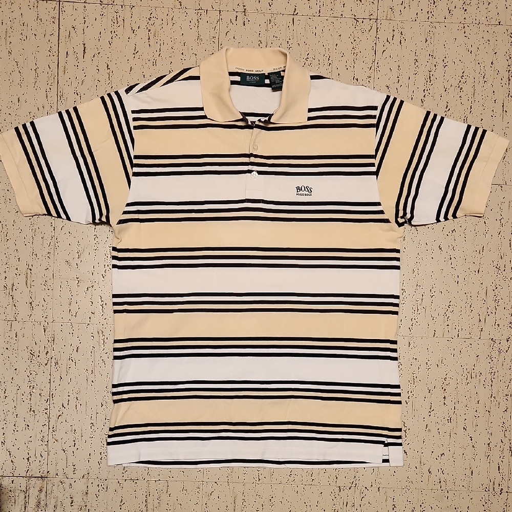 Hugo Boss Golf Tan, Black & White Stripe  1/4 Button Down Polo Shirt Vintage 90s
